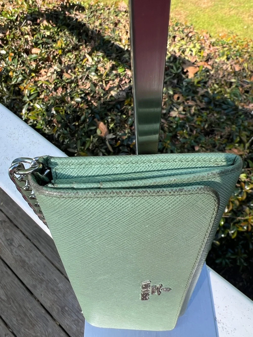 Prada Saffiano Leather Clutch in Mint Green with Silver Chain insert - Picture 8 of 17